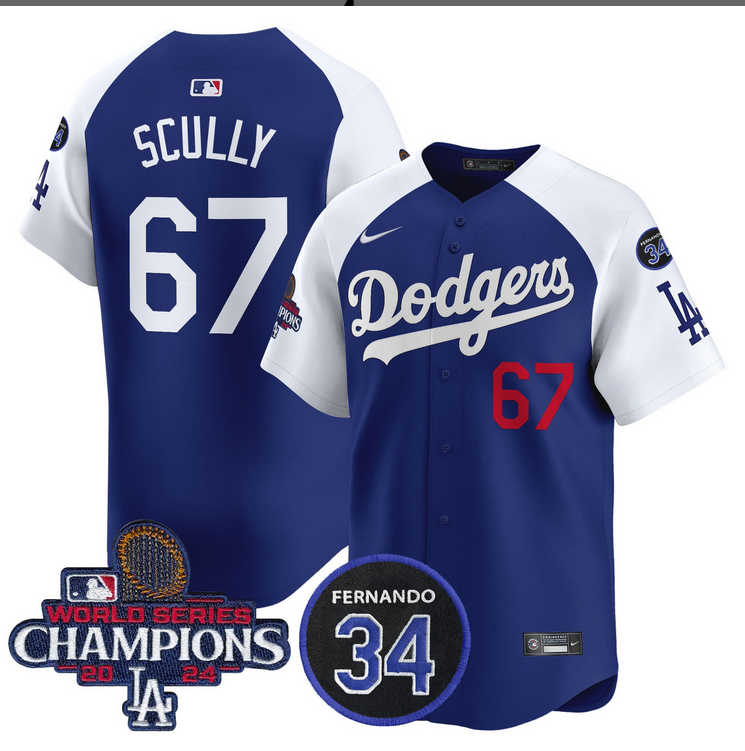 Men MLB Los Angeles Dodgers #67 Scully blue 2024 World Series Champions Patch Limited Jersey